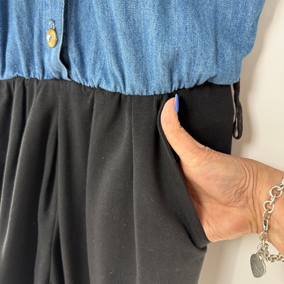 Vintage 90's Denim Cold Shoulder Jumpsuit w/Black Stirrup Pants w/Pockets Size 4 - Picture 12 of 17